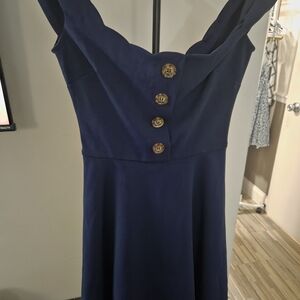 B Darlin Strapless Dress in Deep Blue with Button Accents
